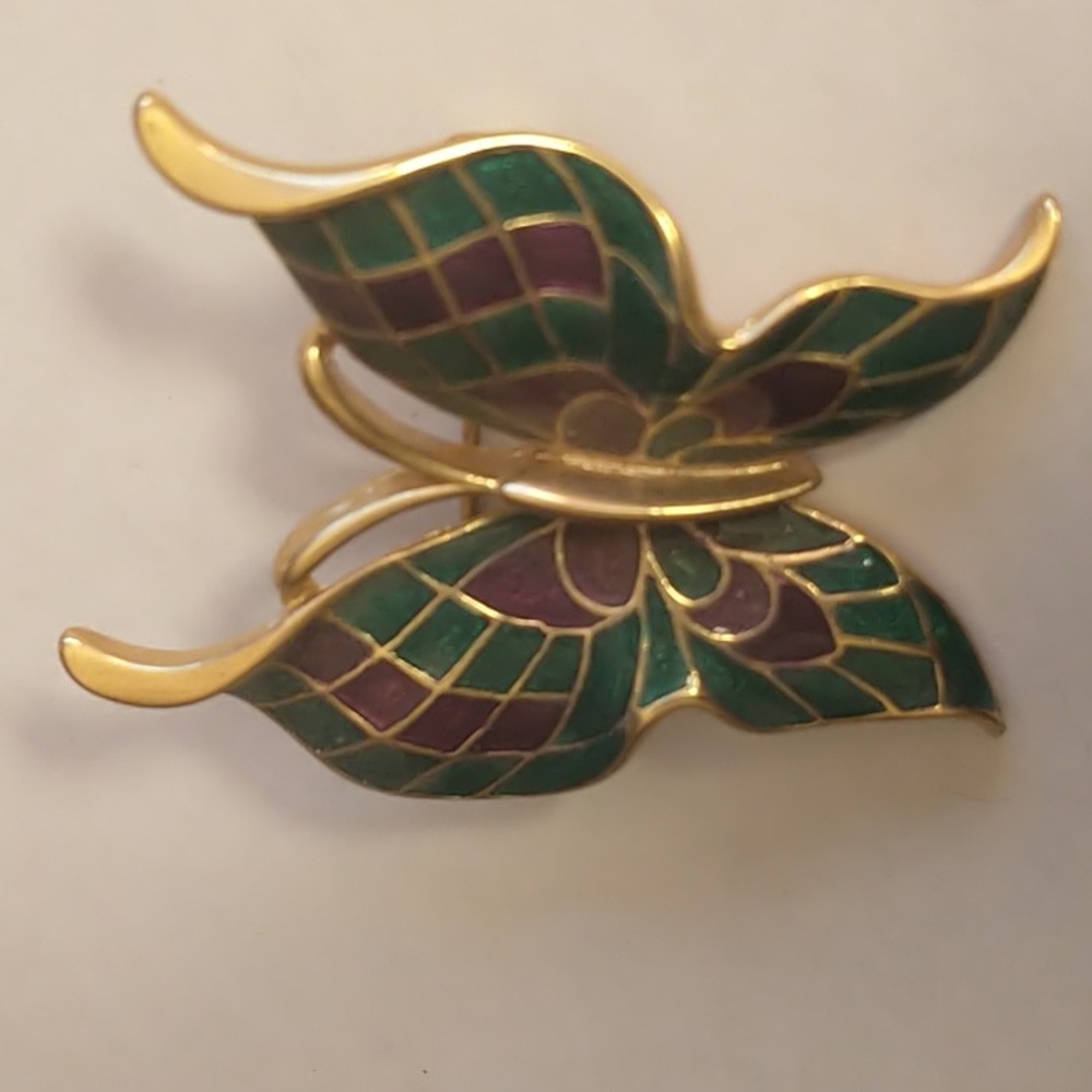 Trifati Vintage Rare  enamel butterfly. Green, purple and gold.